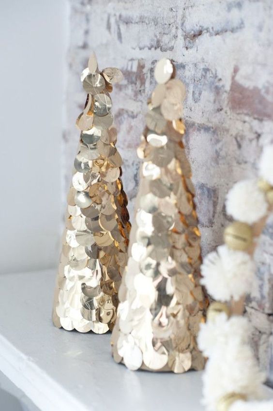 large gold sequin cone-shaped Christmas trees are great to decorate your space for winter holidays glam style