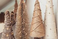 rope, yarn and faux fur plus bottle brush Christmas trees decorated with beads and lights are an easy craft to repeat