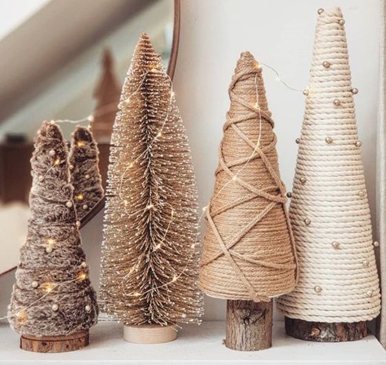 Christmas tree DIY using Michael's paper mâché cones, rope, paint and  beads. Easy!