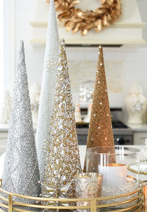 super glam cone Christmas trees fully covered with rhinestones, beads, copper and gold are amazing for shiny Christmas decor