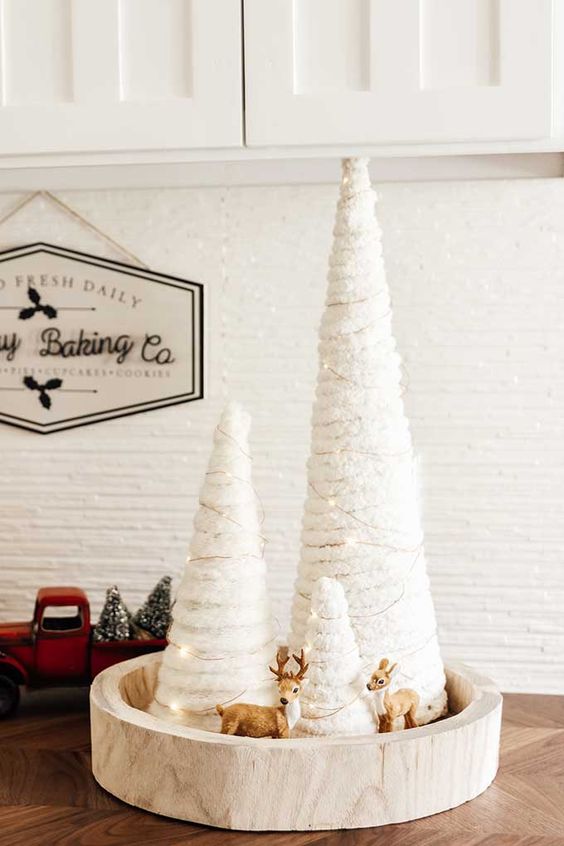 super simple white yarn cone-shaped Christmas trees decorated with twinkle lights and deer are great and easy to make