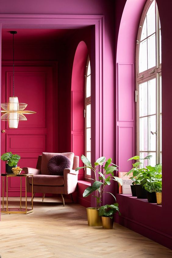 Mood pictures taken in a pink coloured room, from the  Pink Elegance collection, featuring  cheerful, unique pieces within the bright colour scheme. Lots of details are added with flower prints, gold and brass details as well as fun accessories.