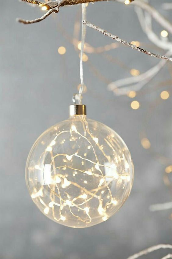 a clear glass Christmas ornament with lights is a cool idea - such decor will make your tree sparkle