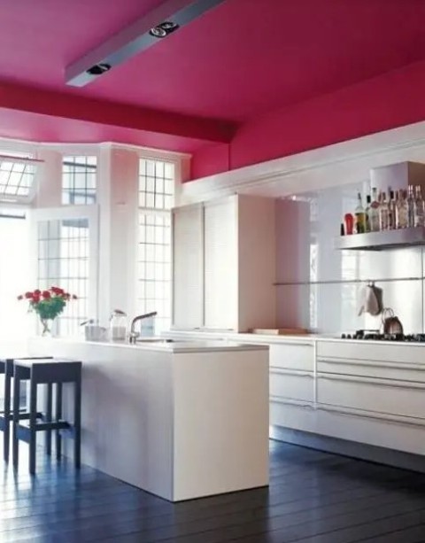 a magenta ceiling in this pure white kitchen looks very eye catching and girlish
