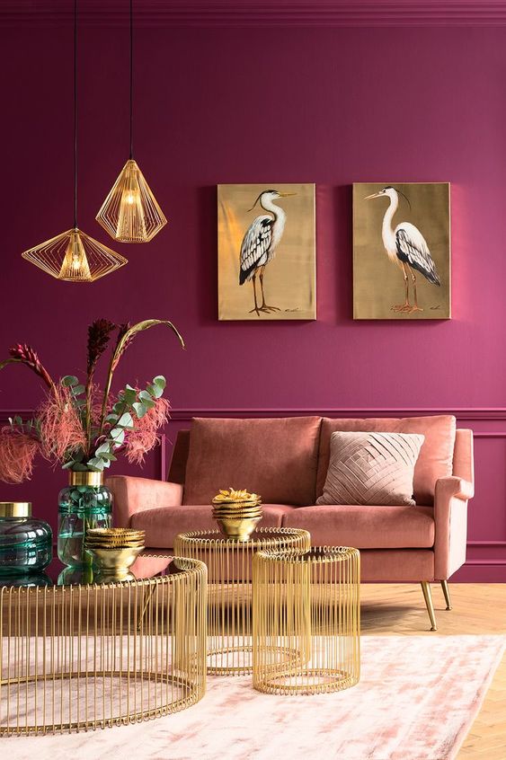 Mood pictures taken in a pink coloured room, from the  Pink Elegance collection, featuring  cheerful, unique pieces within the bright colour scheme. Lots of details are added with flower prints, gold and brass details as well as fun accessories.