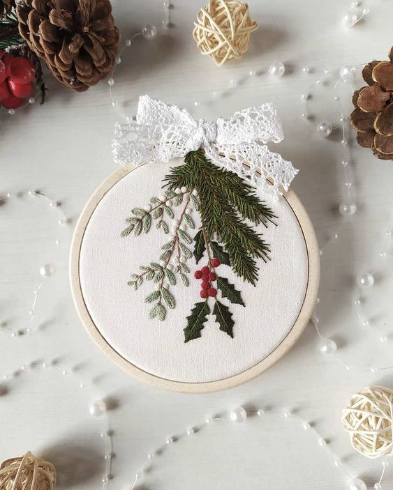 a small and lovely embroidery hoop Christmas ornament with real embroidery and a lace ribbon bow on top