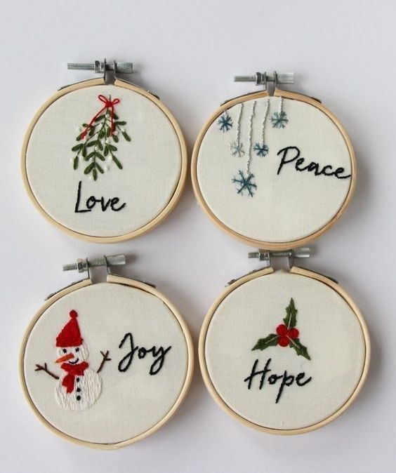 an arrangement of cool embroidery hoop Christmas ornaments with embroidery is an amazing decor idea