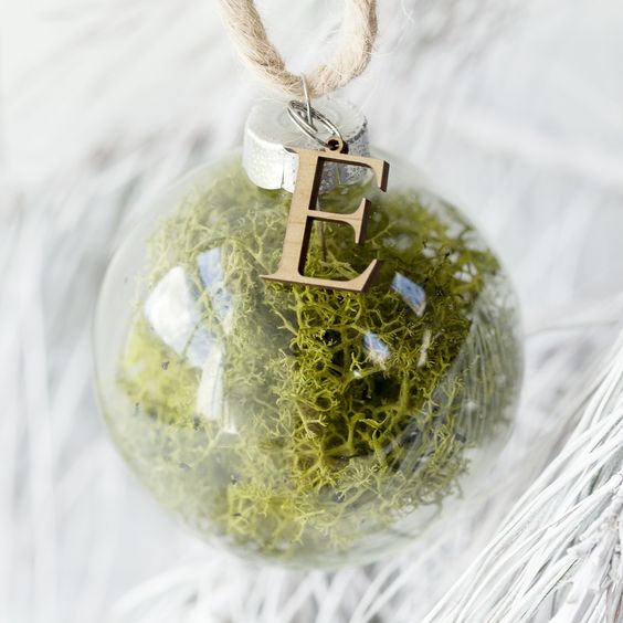 a moss-filled clear glass Christmas ornament with a wooden monogram on top is a cool woodland decoration for your tree