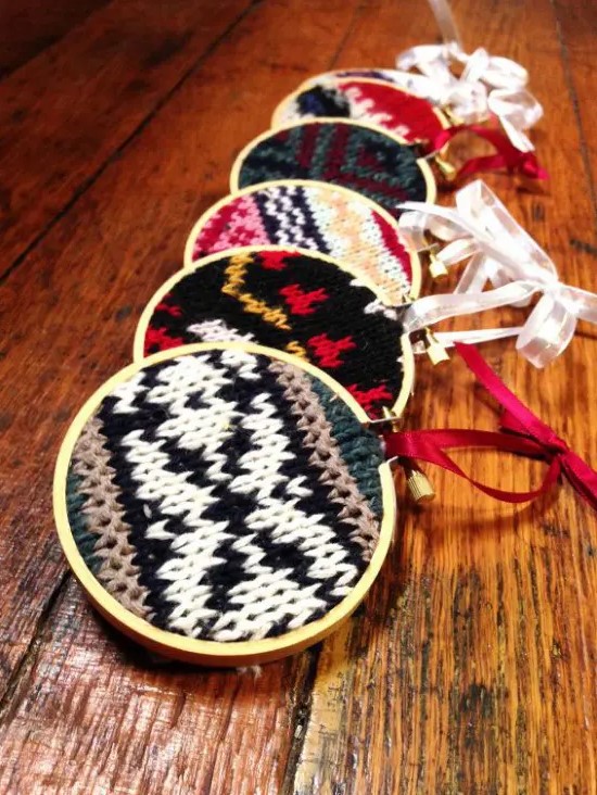 an assortment of colorful knit Christmas ornaments made using embroidery hoops - you may knit them or upcycle your old sweaters