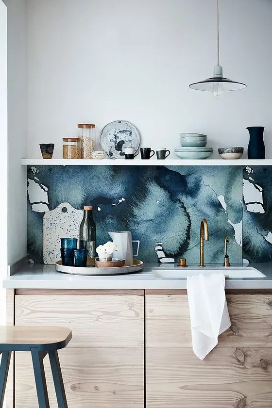 making a watercolor wallpaper backsplash is a great idea to add an edgy touch to the kitchen