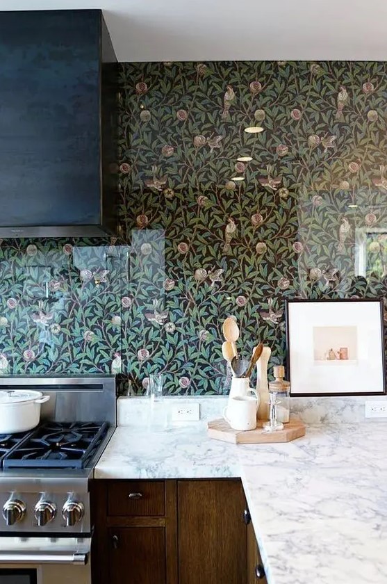 cover the wallpaper with acrylic or glass screens to save the wallpaper from grease and water splashes