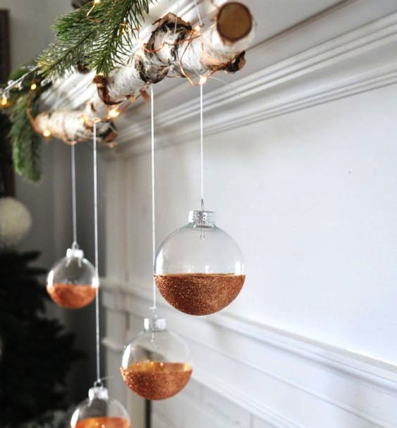 clear glass Christmas ornaments with copper glitter color blocking are amazing for glam Christmas decor