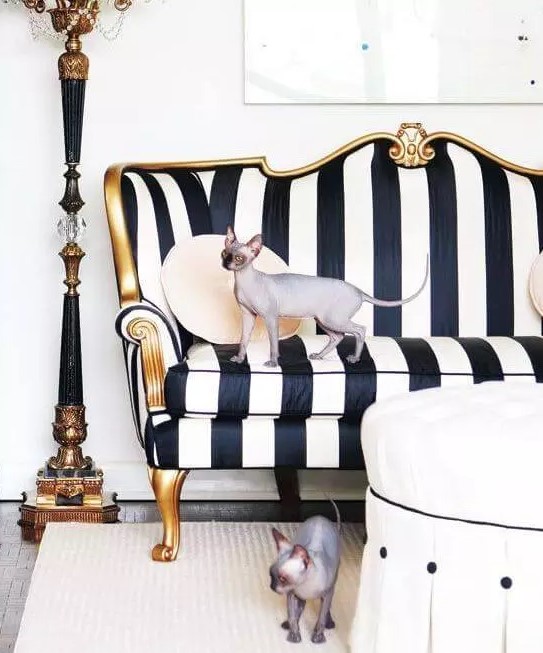 a sophisticated vintage striped sofa, a neutral pouf, a lovely floor lamp with crystals for a super refined and elegant space