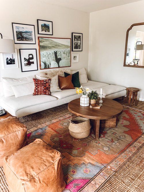 statement layered rugs - a jute and a bold boho one are a great way to add a boho feel to the space