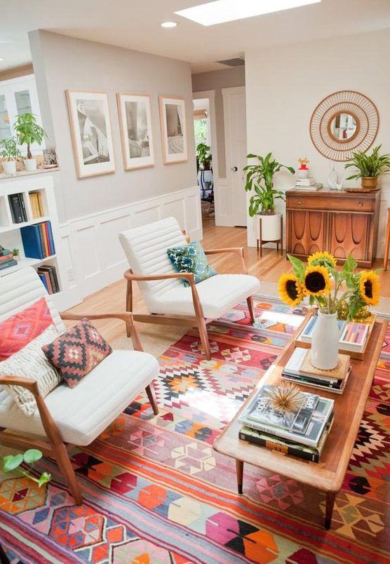 a super bright and catchy boho printed rug adds both color and print to the space and makes it amazing