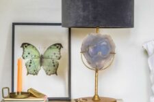 67 a fantastic agate table lamp with a gold base, a large agate insert and a lavender velvet lampshade for a wow effect