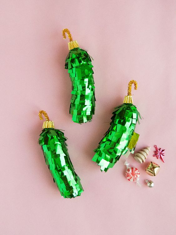 Christmas pickle ornament pinatas like these ones will add a lot of fun to your Christmas tree