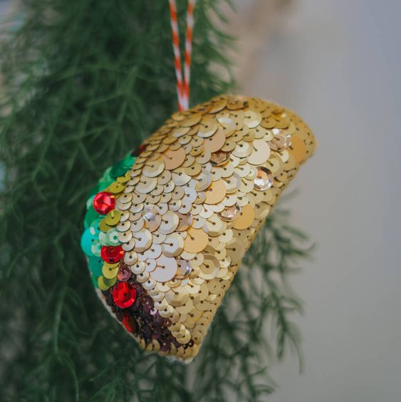 a bright sequin taco piece is a lovely Christmas ornament and you can make one yourself