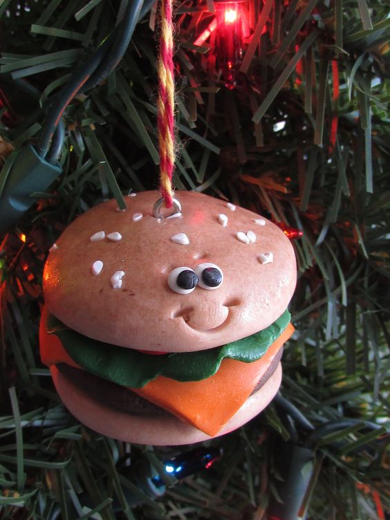 a funny cheeseburger Christmas ornament is a cool and bold idea for a Christmas tree, it's pure fun