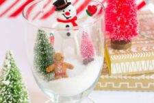 a glass Christmas terrarium with faux snow, a gingerbread man, a snowman, a couple of bottle brush trees