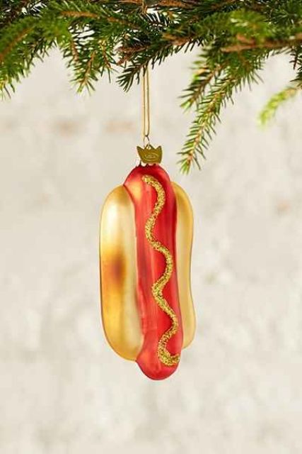 a hot dog Christmas ornament with gold glitter is a gorgeous idea for holiday decor, who doesn't love a bit of fast food