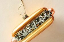 a hot dog with silver sequins is a fantastic Christmas tree decor idea, everyone loves fast food