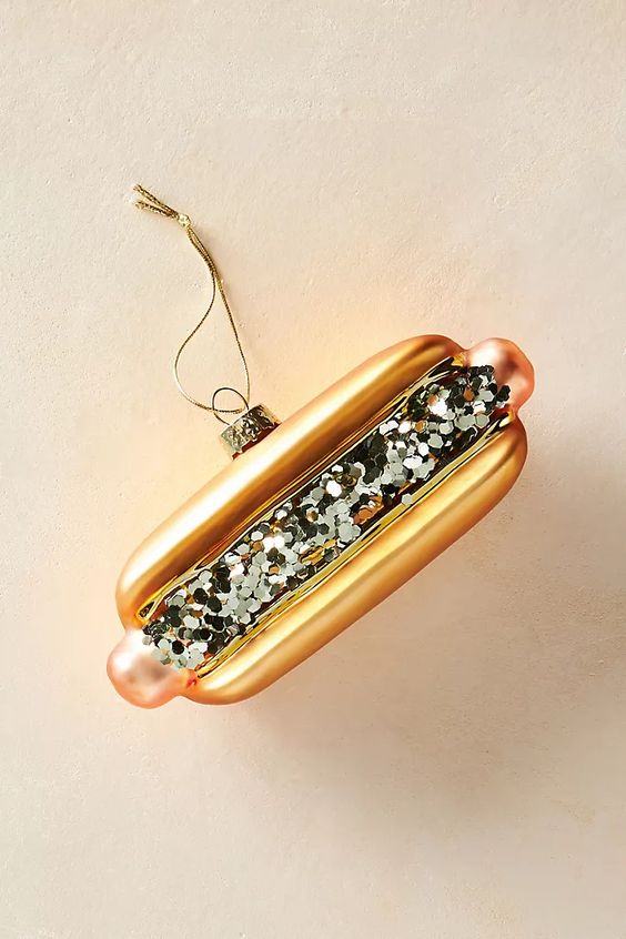 a hot dog with silver sequins is a fantastic Christmas tree decor idea, everyone loves fast food