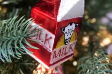 a milk box Christmas ornament in red, gold and white is a stylish and cute food Christmas piece to try