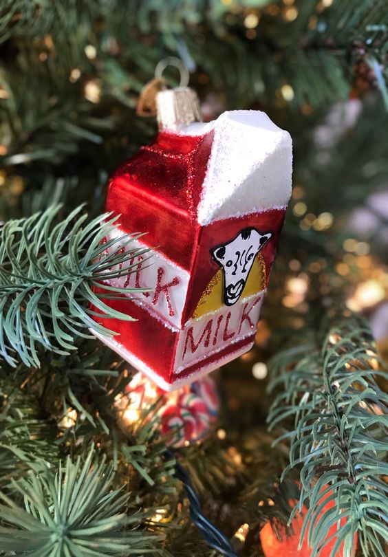 a milk box Christmas ornament in red, gold and white is a stylish and cute food Christmas piece to try