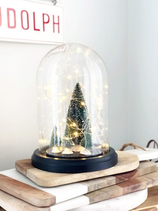 a small and cute Christmas terrarium with bottle brush Christmas trees and lights is a cool decor idea