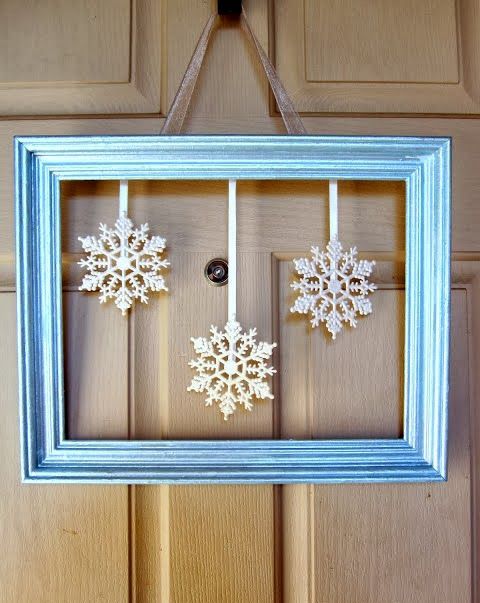 a super simple and fast to make frame Christmas wreath in blue, with snowflakes is a lovely idea for a charming holiday feel