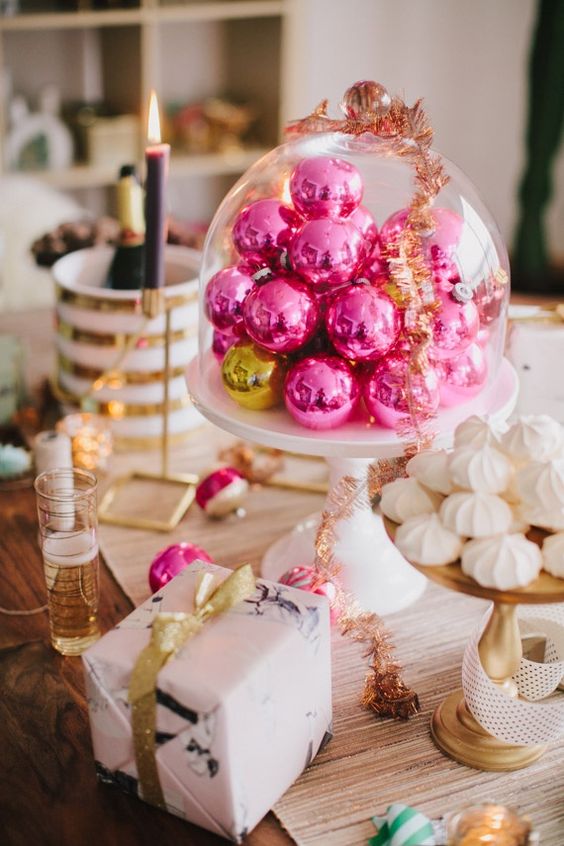 a vintage cloche with bold pink ornaments is a lovely decoration or accent for your Christmas space, display your fave baubles