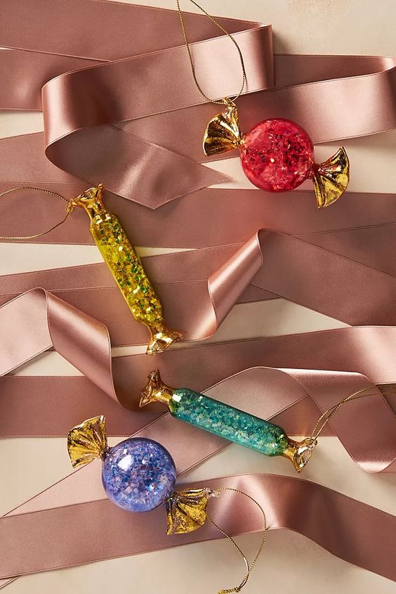 colorful candy ornaments filled with bold glitter are amazing for Christmas tree decorating