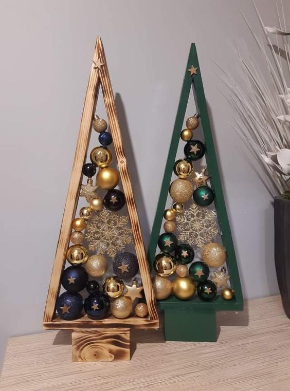 cool tabletop frame Christmas trees composed of gold, navy, emerald ornaments and snowflakes look amazing