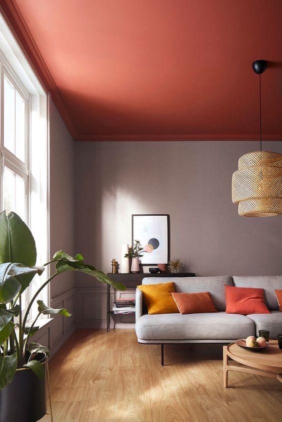 a bold yet muted-toned living room with a red ceiling, grey walls, a grey sofa and bright pillows, a black console and a stained table