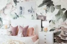 07 a dreamy bedroom with a pastel floral mural, white furniture, an artwork, white lamps and pastel bedding