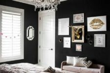 09 a glam black and blush bedroom with black walls, a moody floral ceiling, a gallery wall with gold and pink bedding