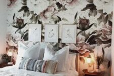 13 a pretty neutral bedroom with a floral accent wall, a bed with neutral boho bedding, stained nightstands and table lamps