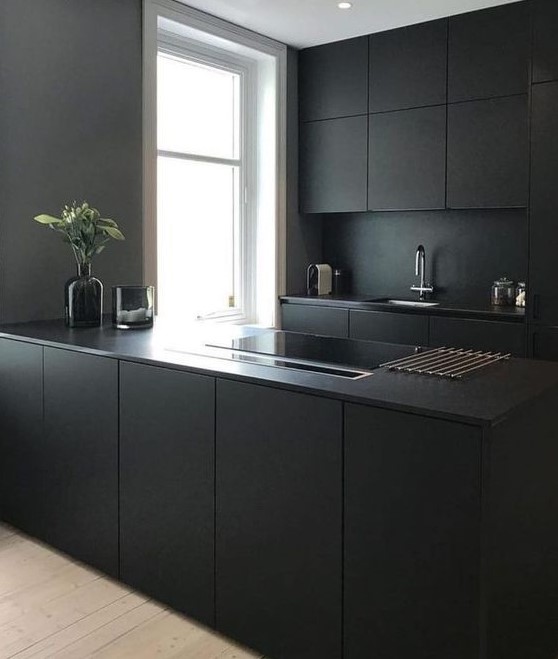 a minimalist black kitchen with sleek cabinets and a sleek kitchen island plus a black backsplash and countertops