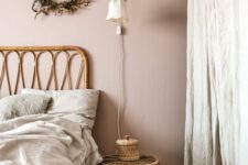 19 a beautiful Scandinavian bedroom with blush walls, textural textiles and rattan furniture is very relaxing and soothing