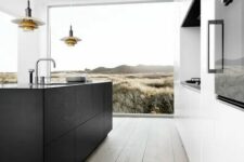 36 a contemporary kitchen with a niche for cooking, a black kitchen island, a glazed wall and cool pendant lamps over the island