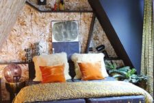 39 a maximalist attic bedroom with botanical walls and a black one, a navy bed, a coral ottoman, bright bedding and shelves