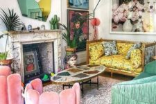 40 a maximalist living room with a yellow printed sofa, pink chairs and a green fringe sofa, bold artworks and a catchy mirror