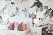 44 a dreamy bedroom with a pastel floral mural, white furniture, an artwork, white lamps and pastel bedding