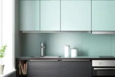 a contemporary dark stained wood and mint kitchen with a mint backsplash looks very contrasting and unusual