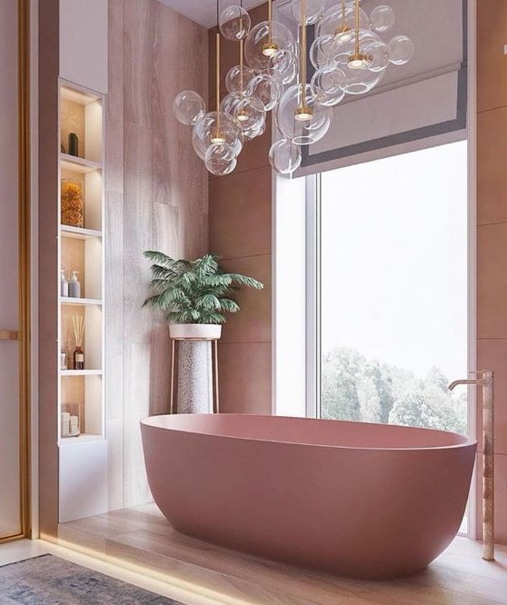 a cool bathroom with pink plywood walls, a pink tub, lit up built-in shelves and lots of bubble lights over the bathtub