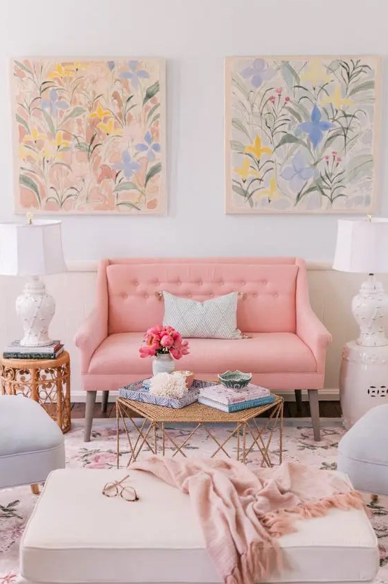  غرف معيشة بألوان الباستيل  A-feminine-living-room-with-a-pink-loveseat-and-grey-chairs-a-neutral-ottoman-a-floral-rug-and-pastel-watercolors-is-amazing