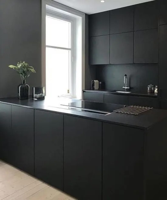 a minimalist black kitchen with sleek cabinets and a sleek kitchen island plus a black backsplash and countertops