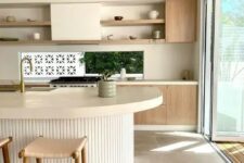 a neutral kitchen with stained cabinets, open shelves, a window backsplash and a ribbed curved kitchen island with a thick countertop