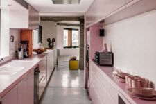 a pretty rose galley kitchen with sleek cabinets and everything built-in looks very cute and very chic